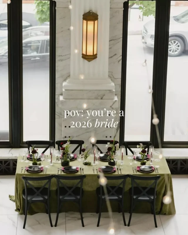 Burgundy and chartreuse is the palette of 2026, and the internet has a lot of feelings about it. 

The drama of the burgundy. The unexpected electricity of chartreuse. Together they hit differently than any mood board prepared us for — moody and maximalist but somehow still romantic.

It's the anti-neutral. 

The perfect palette for couples who are done playing it safe. We're here for it. 

venue: @citizensballroom @fetewell 
photo: @domdesignphotography 
tablescape: @simplyfreshevents 
florals: @solandbloomfloralco 
violin: @nsharmonic